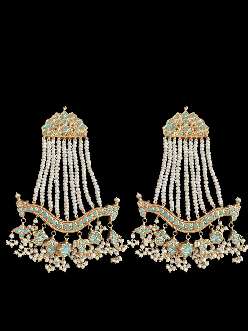 Anuja jhoomar earrings in fresh water pearls and turquoise ( SHIPS IN 3 WEEKS )