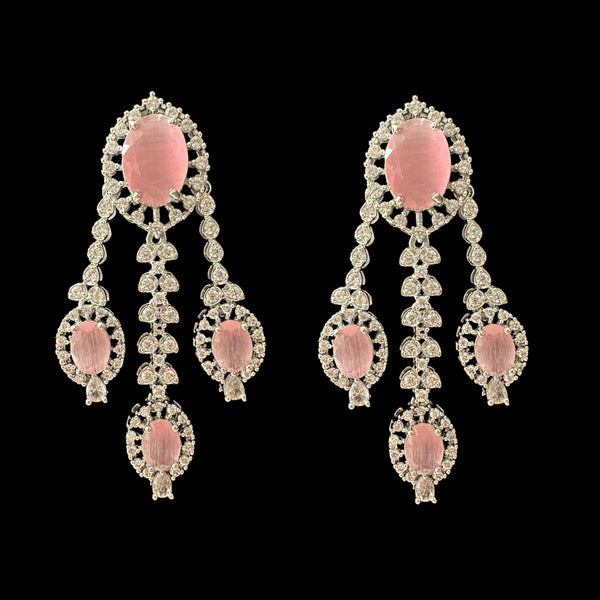 DER622  cz earrings   - pink , silver plated  ( READY TO SHIP )