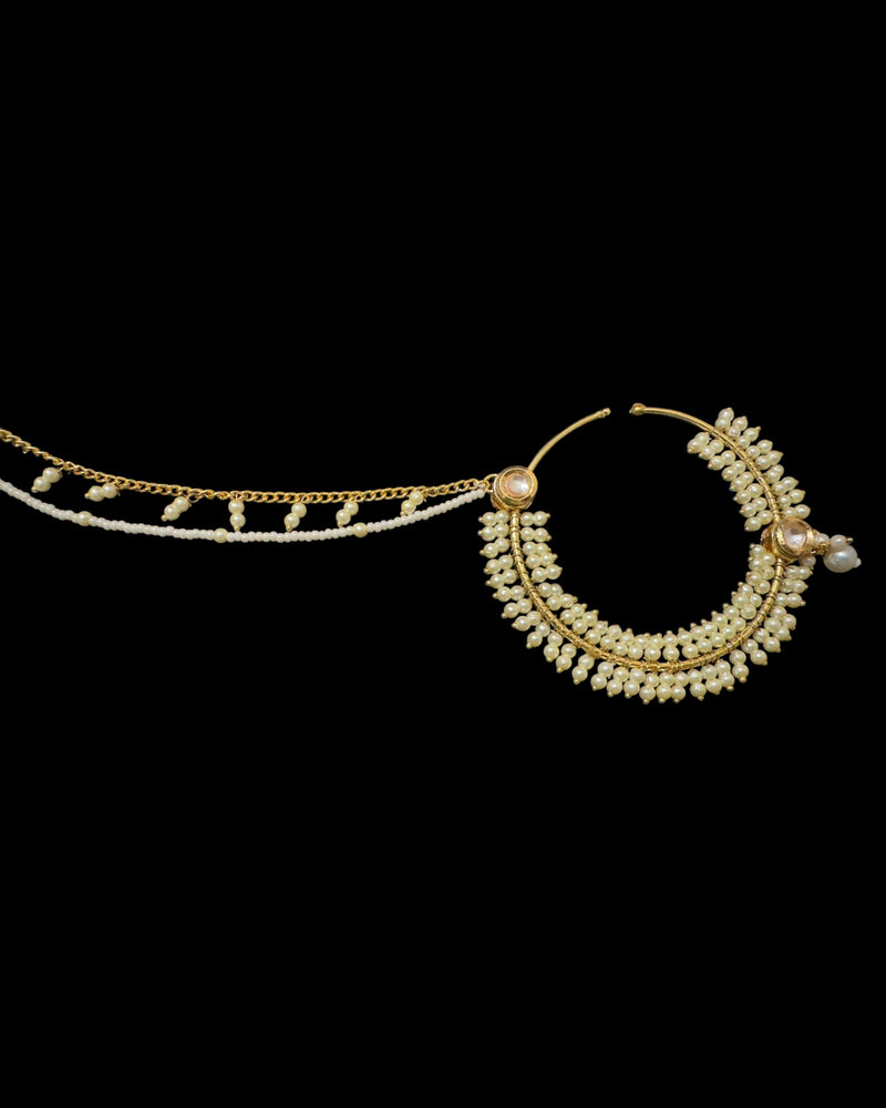 Handcrafted Kundan & Pearl Nosering with Double Chain – Non-Pierced Bridal Nath ( READY TO SHIP )