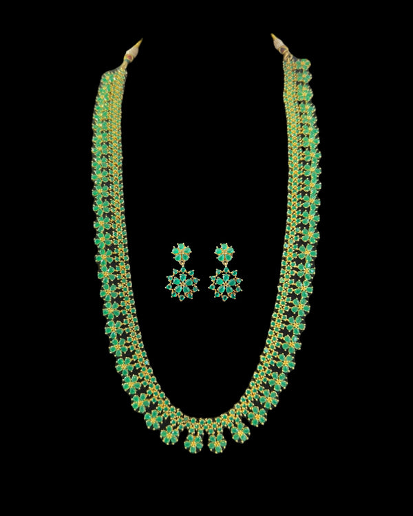 DLN115  Megha long set in cz stones - green    (READY TO SHIP)