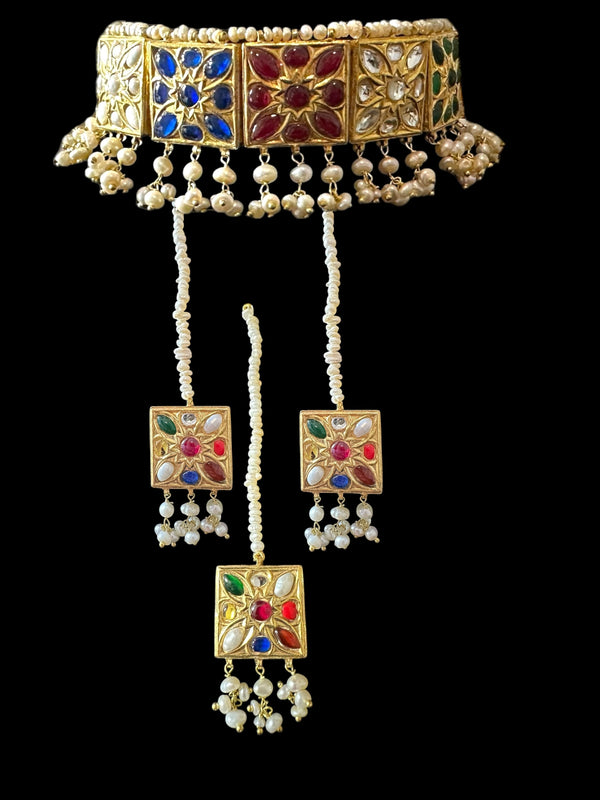 C536 Navratan bridal choker earrings and Tika set in fresh water pearls ( READY TO SHIP )