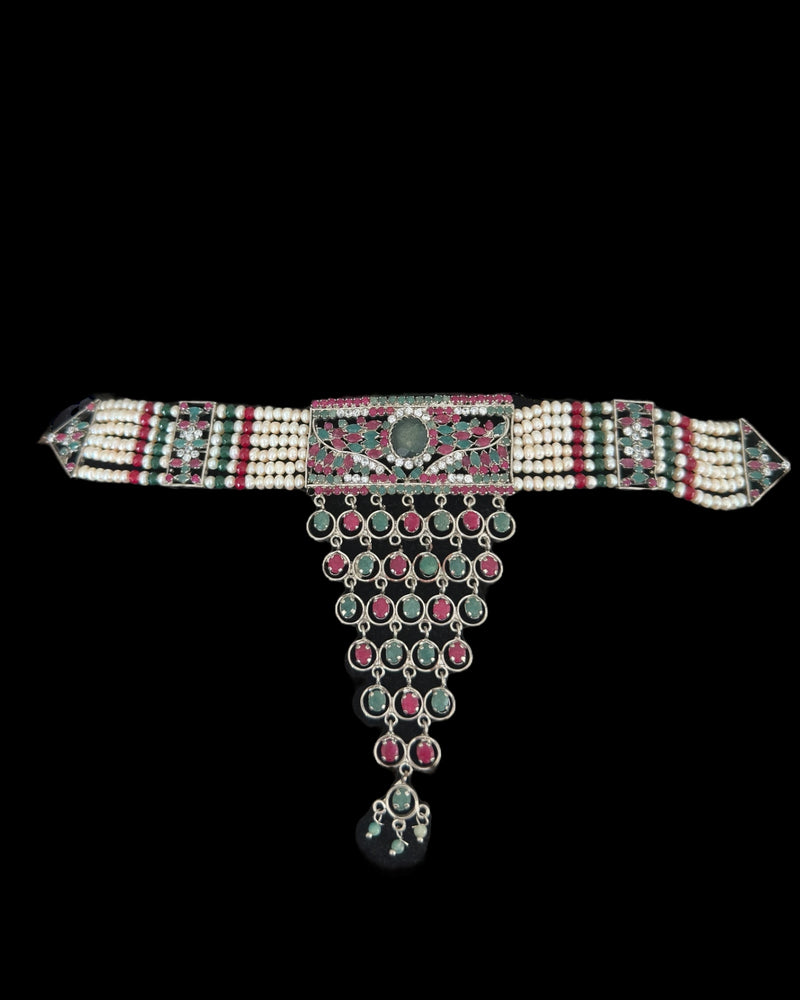 C578 Silver-Plated Ruby & Emerald Choker Set with Earrings ( READY TO SHIP )