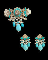C594 Turquoise & CZ-Polki Floral Choker Set — Gold Plated ( READY TO SHIP )