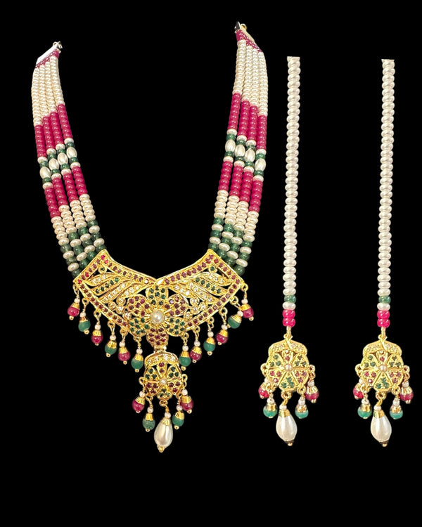 DNS207 Jadau necklace with earrings in ruby emerald zircon and real pearls ( READY TO SHIP )