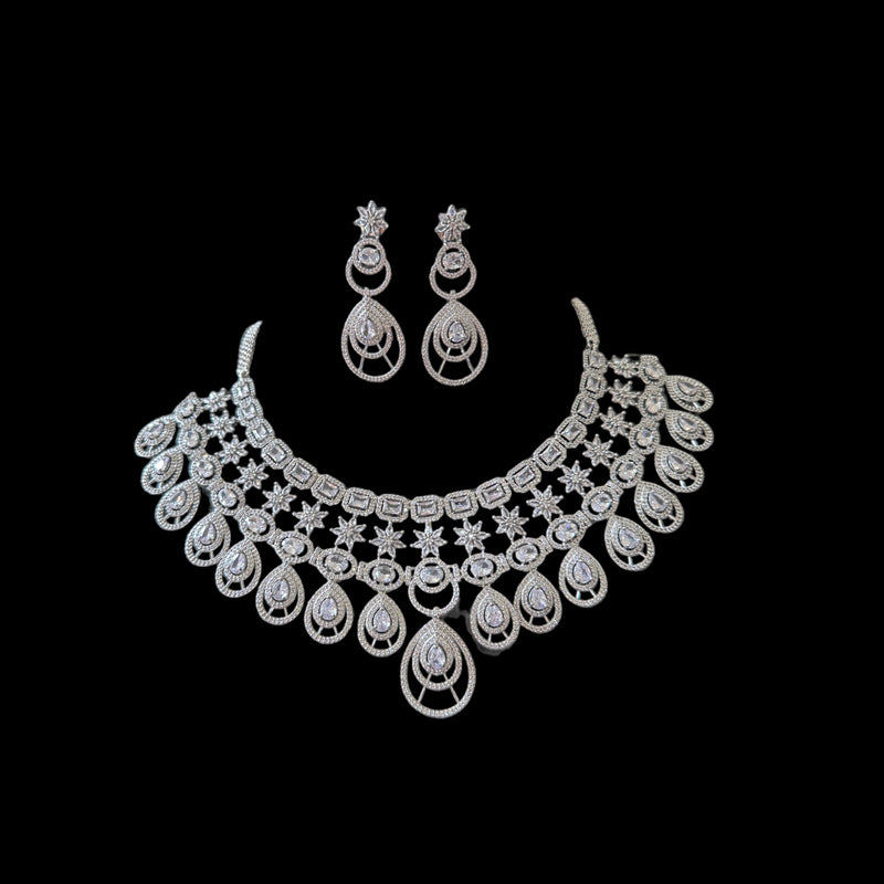 DNS81 silver plated diamanté necklace with earrings ( SHIPS IN 4 WEEKS  )