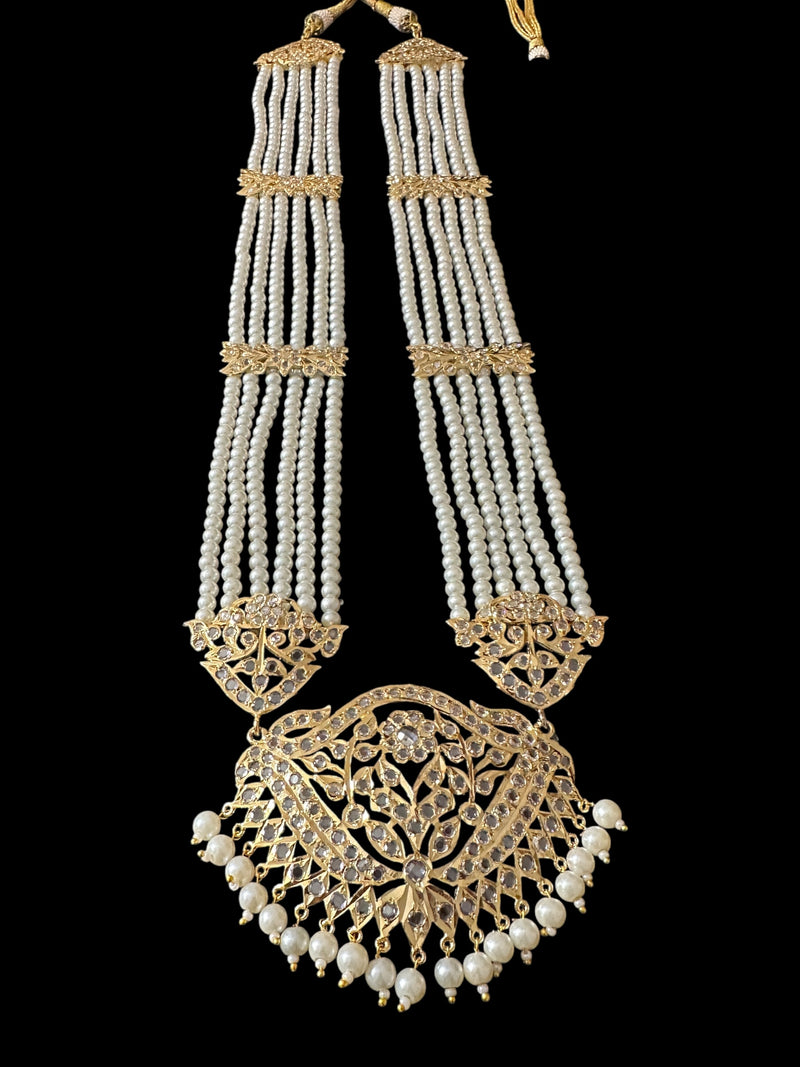 DLN111 Hareem pearl rani haar with jhoomar earrings in pearls  ( READY TO SHIP )