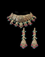 Ruby-Emerald Freshwater Pearl Bridal Necklace Set | Gold-Plated Silver Elegance ( READY TO SHIP )