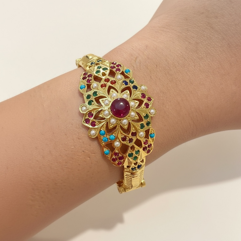 Gold-Plated Silver Navratan Kada with Freshwater Pearls – Openable Screw Design | 92.5 Silver Bracelet ( READY TO SHIP )