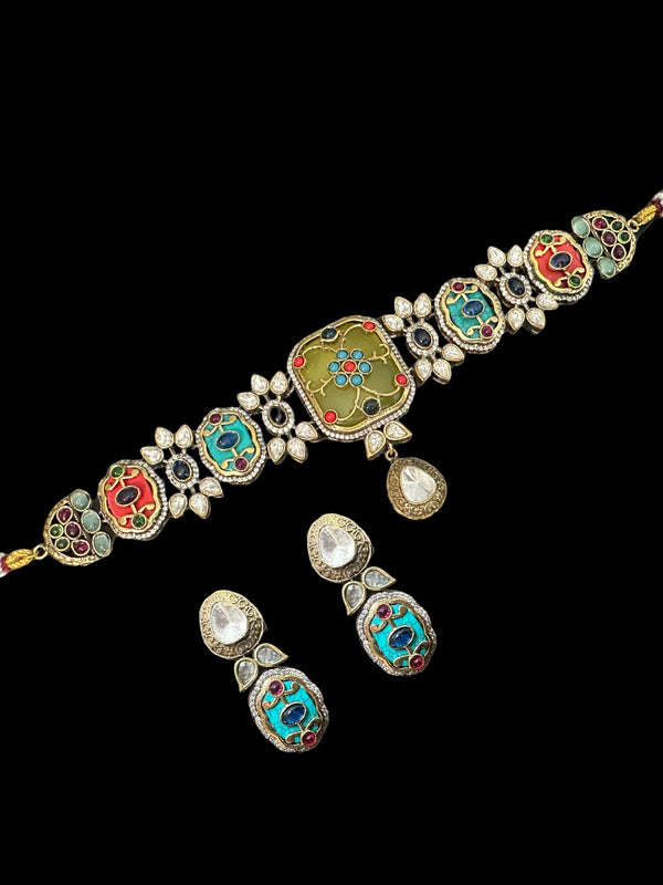 C340 Antique plated choker set in multicolor ( READY TO SHIP )