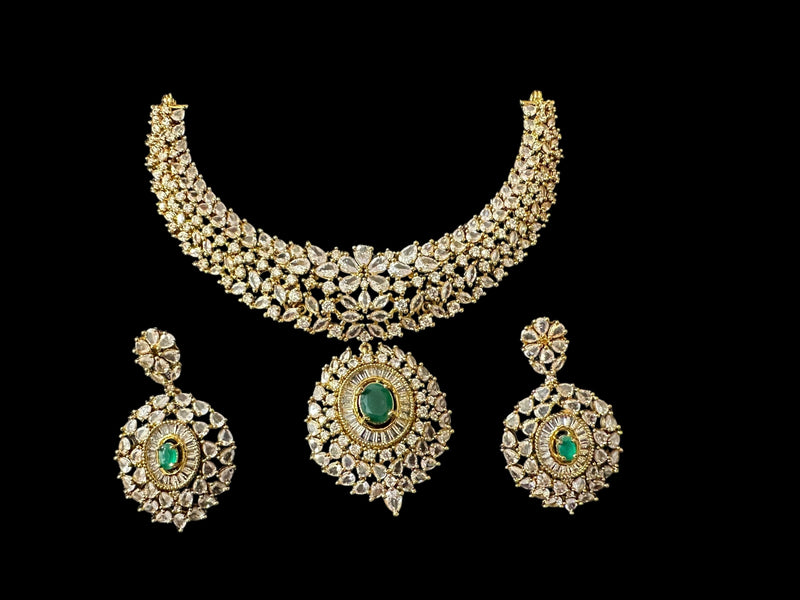 DNS170 Cz necklace set with earrings - Emerald green centre stone    (READY TO SHIP)