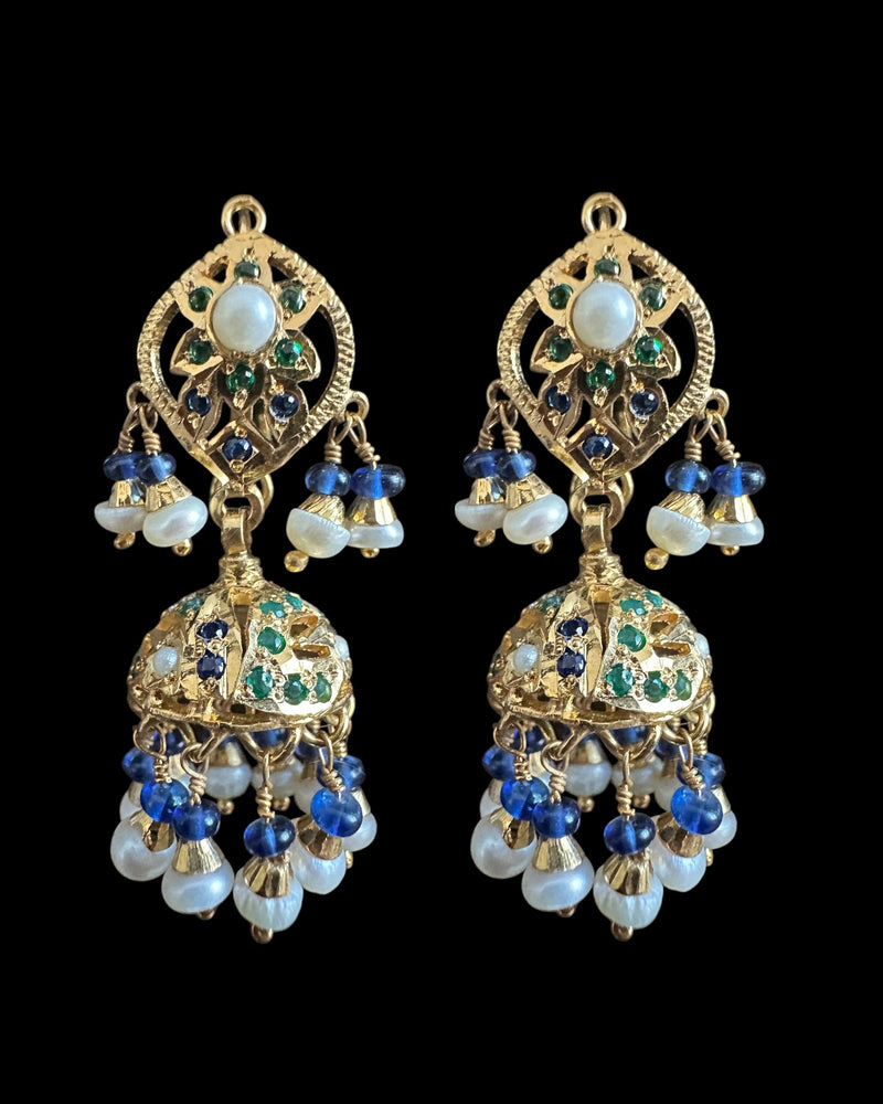 Gold-Plated Silver Jhumka Earrings in Emerald, Sapphire & Freshwater Pearls ( READY TO SHIP )