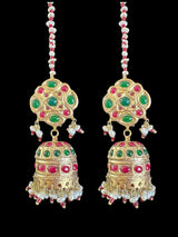 DNS169 Kali necklace jhumka earrings set in gold plating - Ruby emerald combination ( READY TO SHIP )