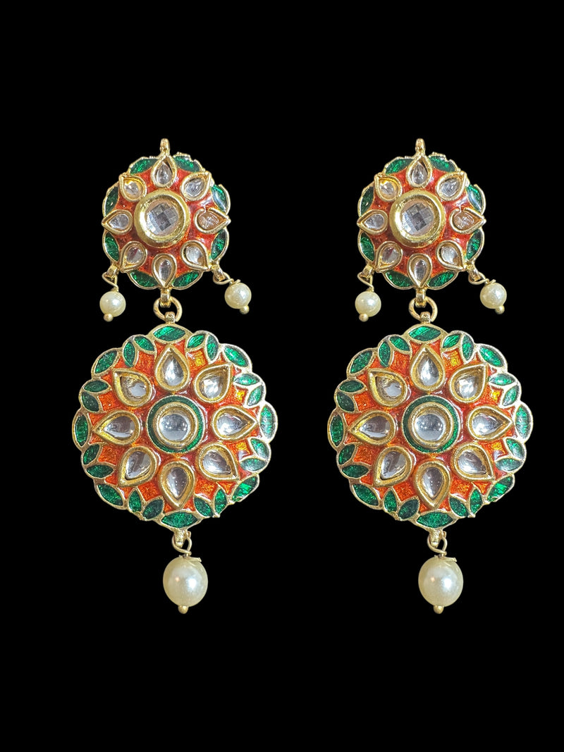 Kundan earrings - orange  green ( READY TO SHIP )