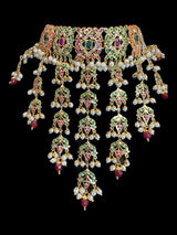 Navratan Dangler Choker Set with Earrings & Tika – Gold-Plated Elegance