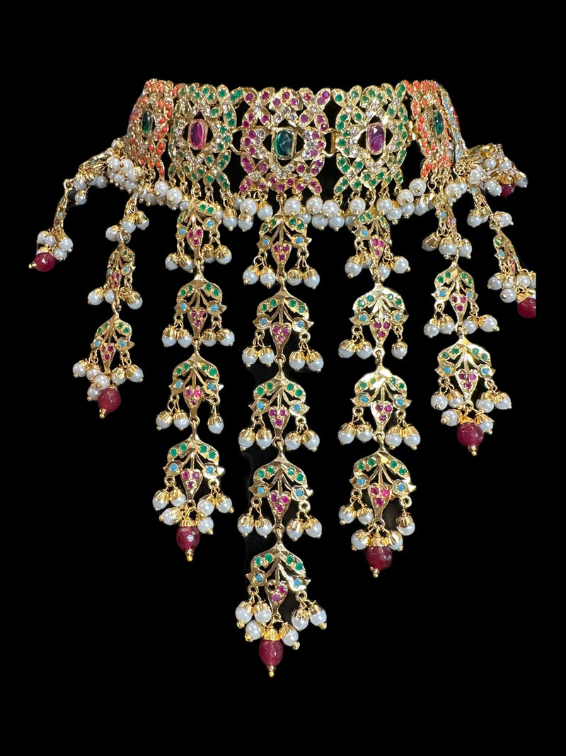 Navratan Dangler Choker Set with Earrings & Tika – Gold-Plated Elegance