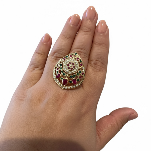 Ruby Emerald Freshwater Pearl Adjustable Ring – Gold-Plated 92.5 Silver ( READY TO SHIP )