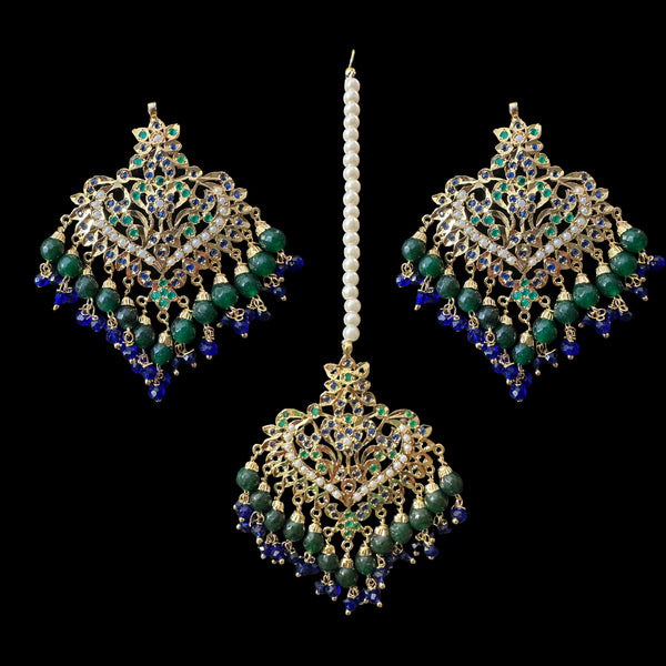 DJET108 Afreen emerald sapphire  earrings tika ( READY TO SHIP  )