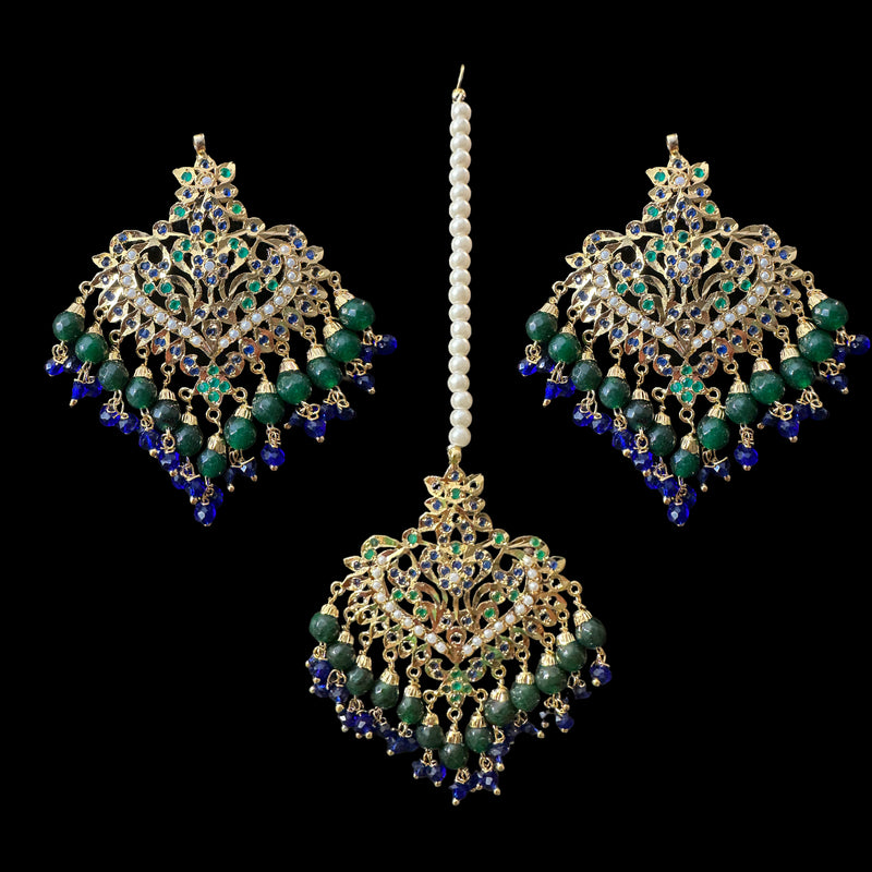 DJET108 Afreen emerald sapphire  earrings tika ( READY TO SHIP  )