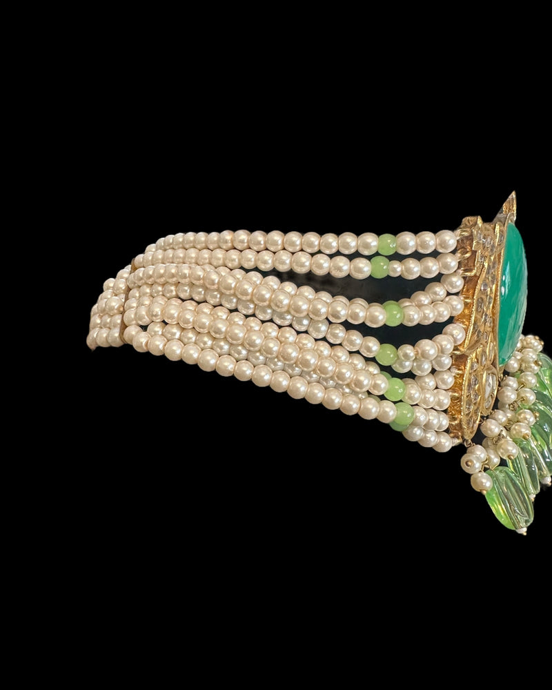 C577 Gold Plated Kundan Choker with Light Green Beads & Earrings ( READY TO SHIP )