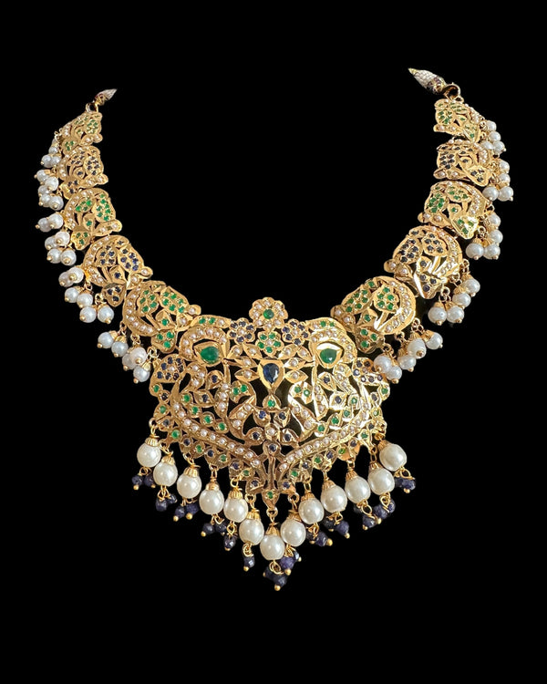 DNS210 Neeli Handcrafted Blue-Green Jadau Necklace Set with Shell Pearls, CZ Stones, Earrings & Tika ( READY TO SHIP )