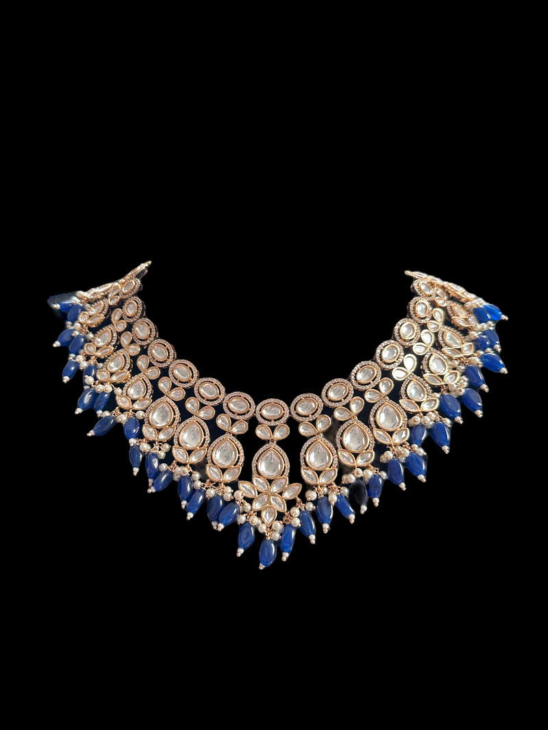 BR316 Bridal Polki necklace in blue beads ( READY TO SHIP )