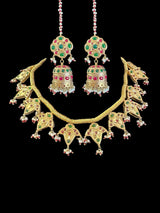 DNS169 Kali necklace jhumka earrings set in gold plating - Ruby emerald combination ( READY TO SHIP )