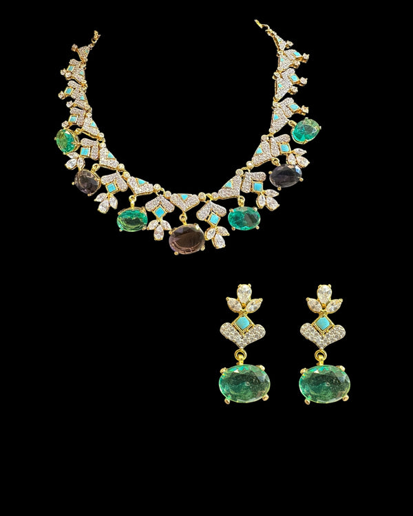 DNS212 Turquoise & CZ Necklace Set with Earrings – Gold Plated ( READY TO SHIP )