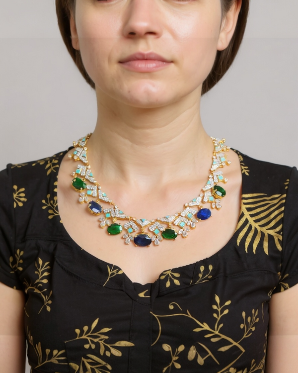 DNS213 Turquoise & emerald sapphire CZ Necklace Set with Earrings – Gold Plated ( READY TO SHIP )