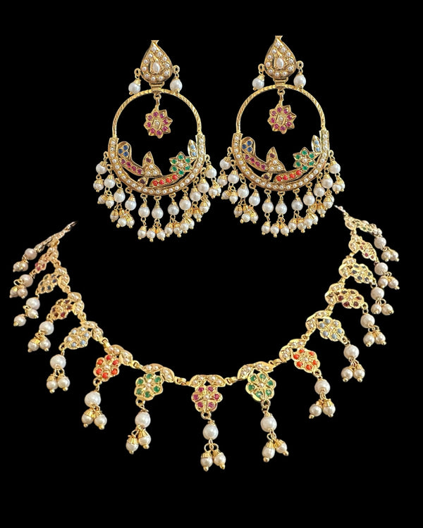 Jadau necklace set in navratan ( READY TO SHIP )