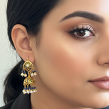 Gold-Plated Silver Jhumka Earrings in Emerald, Sapphire & Freshwater Pearls ( READY TO SHIP )