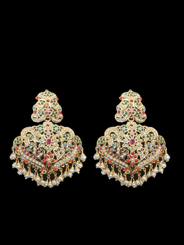 92.5 silver gold plated earrings in navratan with fresh water pearls (READY TO SHIP )