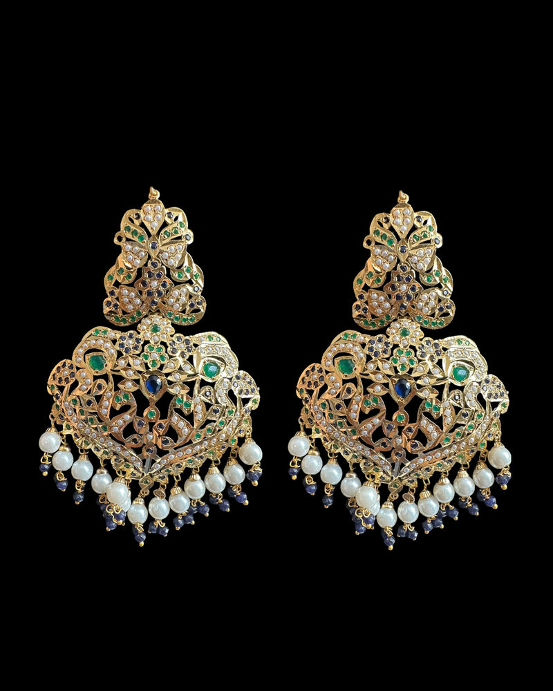 DNS210 Neeli Handcrafted Blue-Green Jadau Necklace Set with Shell Pearls, CZ Stones, Earrings & Tika ( READY TO SHIP )