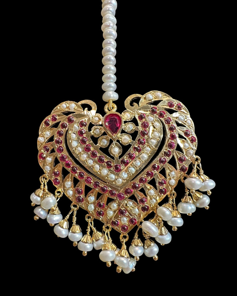 Gold Plated Silver Ruby Tika with Freshwater Pearls ( READY TO SHIP )