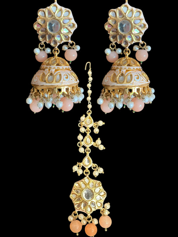 Kundan jhumka and rika earrings with meenakari in peach ( READY TO SHIP )