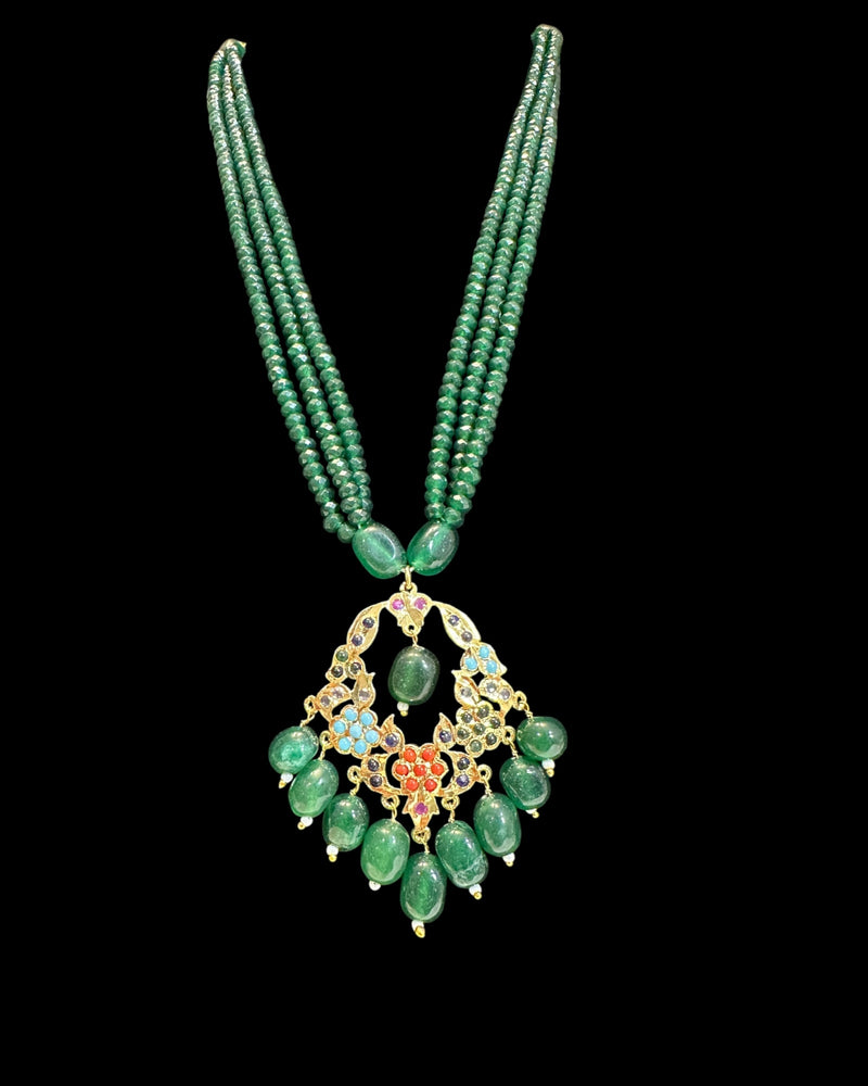 PS567 Navratan pendant set with green beads ( READY TO SHIP )