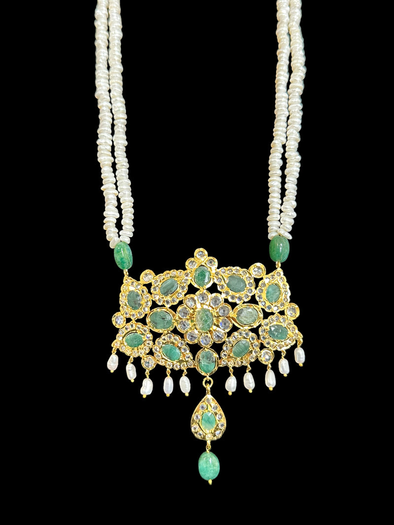 DLN35 Gold plated long necklace with emeralds and pearls ; READY TO SHIP )