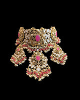 Bridal Choker Set in  Ruby & Shell Pearls | Gold-Plated | Earrings + Jhoomar + Tikka ( READY TO SHIP )