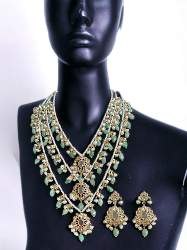 SAT90 GOLD PLATED SATLADA WITH FRESH WATER PEARLS AND EMERALD BEADS ( READY TO SHIP )
