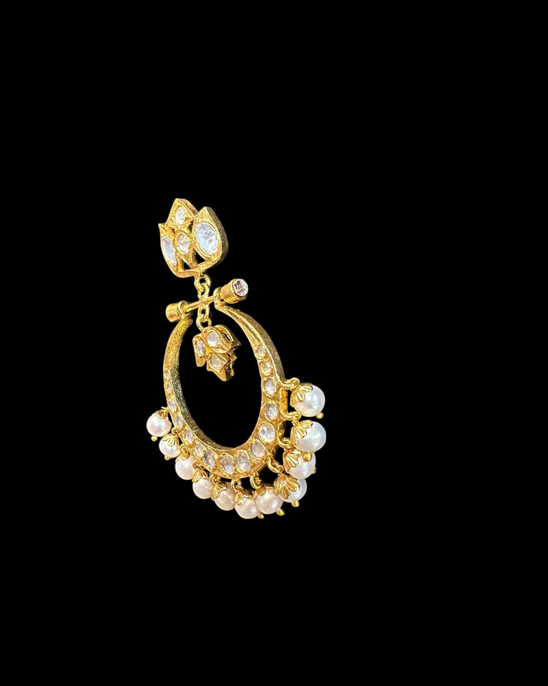 Moissanite Polki Chandbali Earrings – Gold-Plated Traditional Hyderabadi Style with Pearls ( READY TO SHIP )