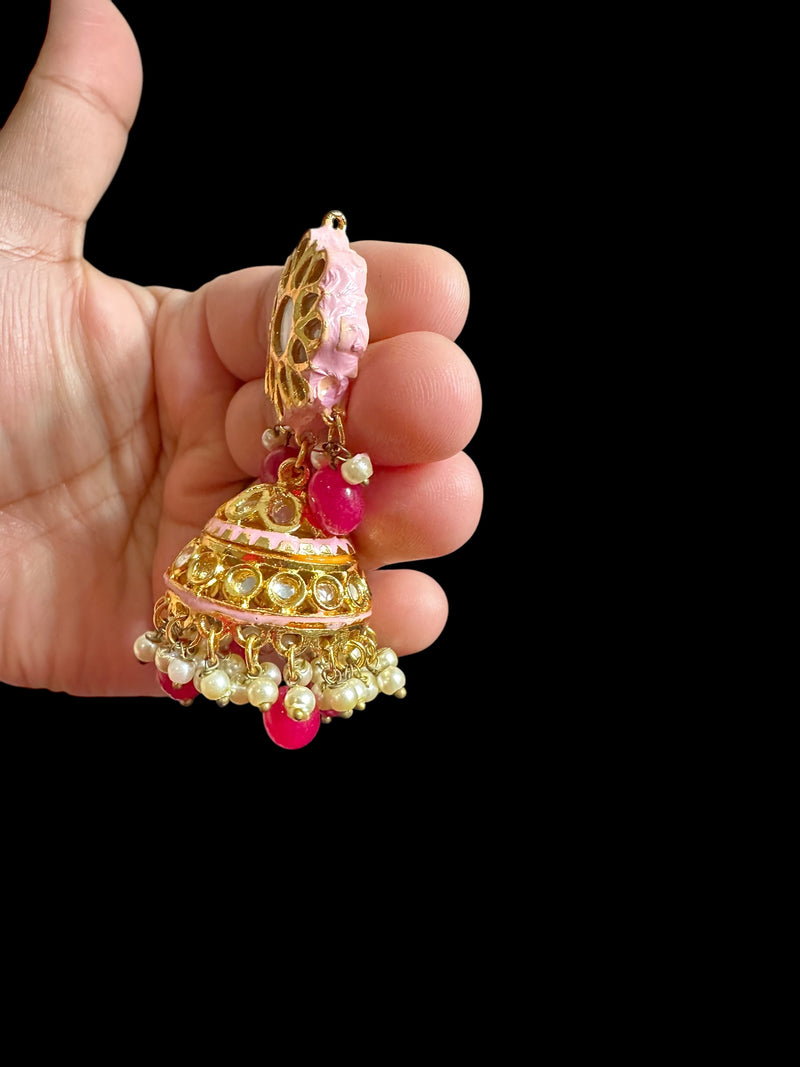 Kundan and meenakari jhumka - pink  ( READY TO SHIP )