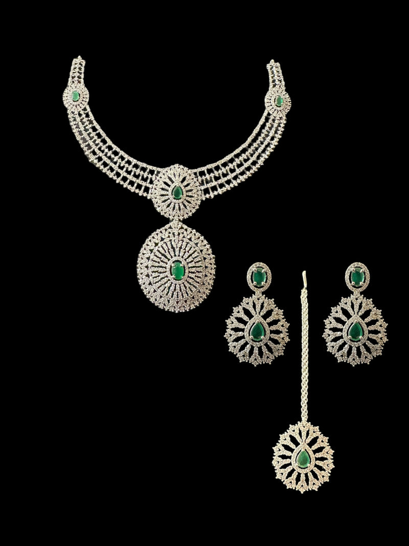 DNS171 Cz necklace set with earrings tika  silver plated - Emerald green centre stone    (READY TO SHIP)