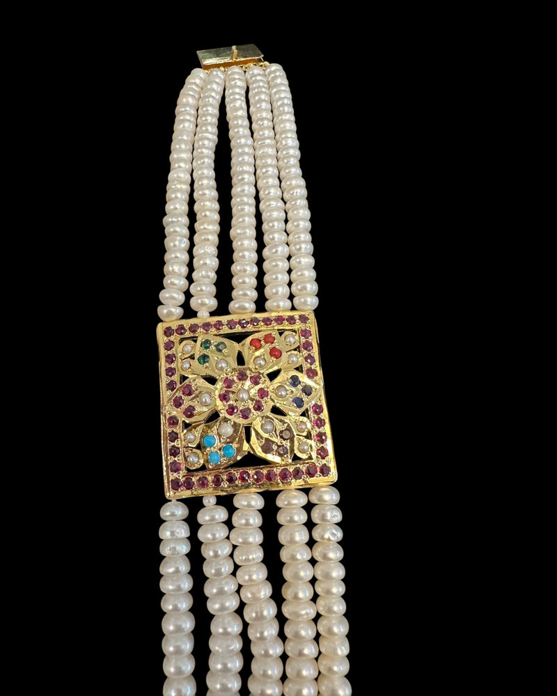Gold Plated Silver Navratan Bracelet with Freshwater Pearls ( READY TO SHIP )