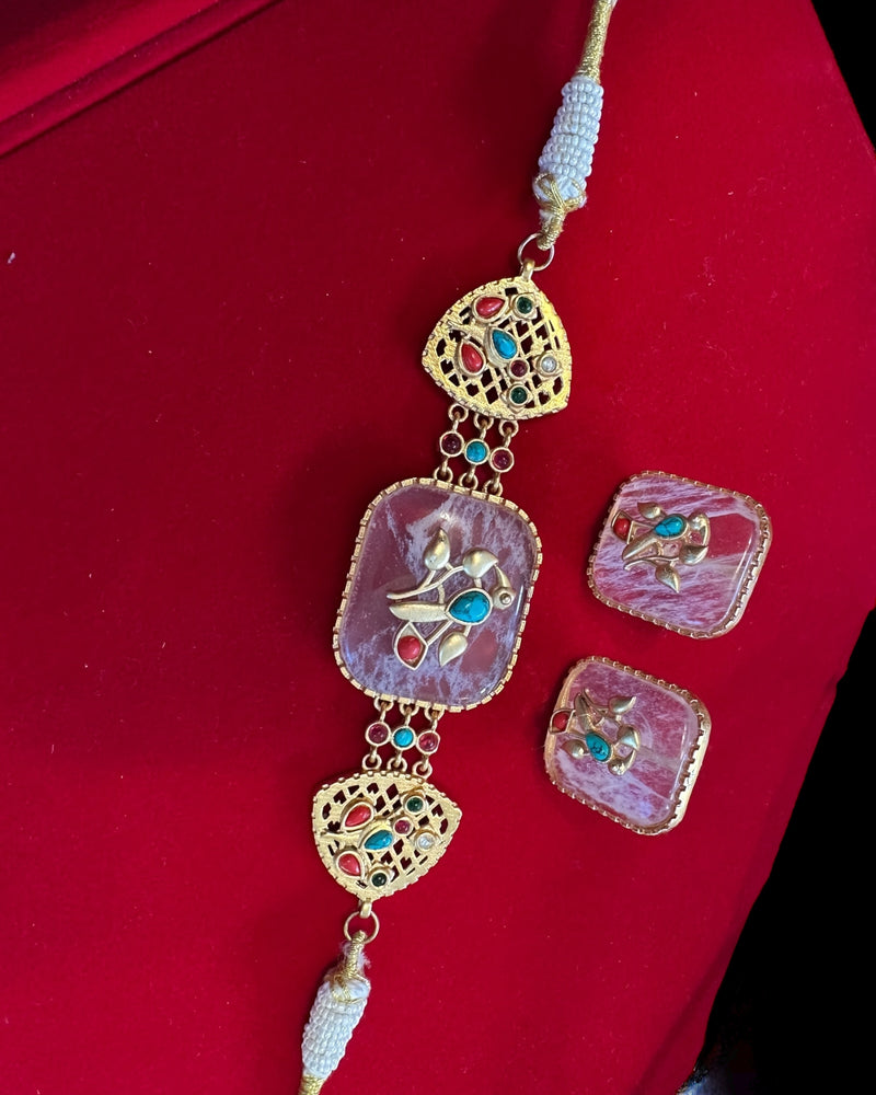 C583 Rose Quartz Choker Necklace with Earrings – Gold Plated ( READY TO SHIP )
