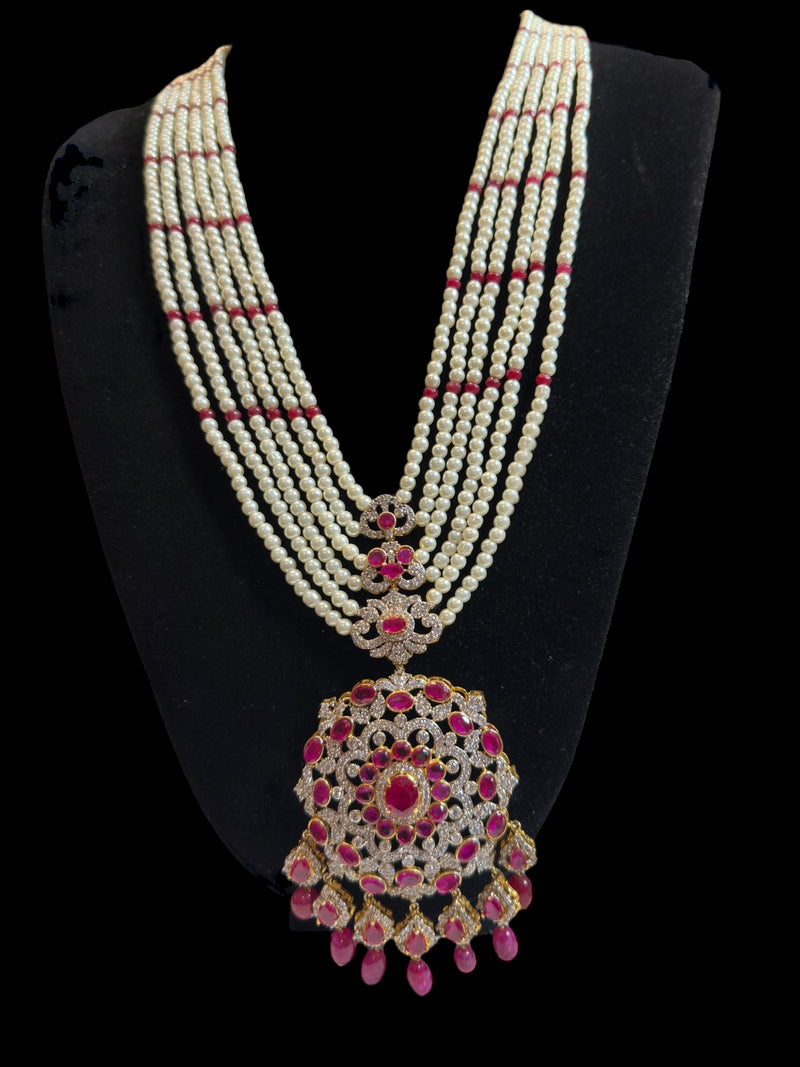 DLN137 MANDIRA Long CZ Pearl Mala with Ruby Beads | Necklace & Earrings Set ( READY TO SHIP )