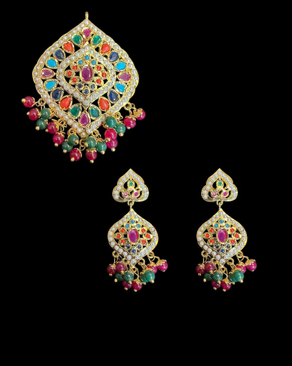 Jadau pendant earrings - Navratan ( READY TO SHIP )