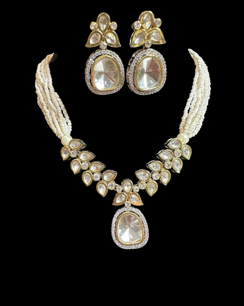 DNS214 Pearl & Polki Necklace with Stud Earrings – Dainty Gold-Plated Set ( READY TO SHIP )
