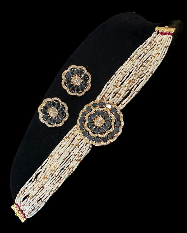 C587 Gold-Plated CZ Choker Set in Black& Pearl Strings | Elegant Black Stone Necklace with Studs
 ( READY TO SHIP )