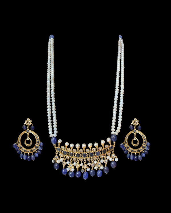 Tirmani Necklace Set with chandbali Earrings – 22K Gold-Plated Jewelry with Freshwater Pearls and sapphire 
 ( SHIPS IN 4 WEEKS  )