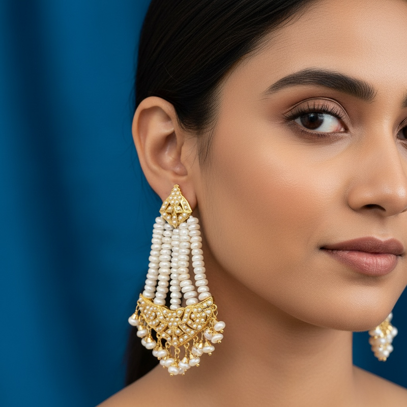 Gold plated silver jhoomar earrings in fresh water pearls ( READY TO SHIP )
