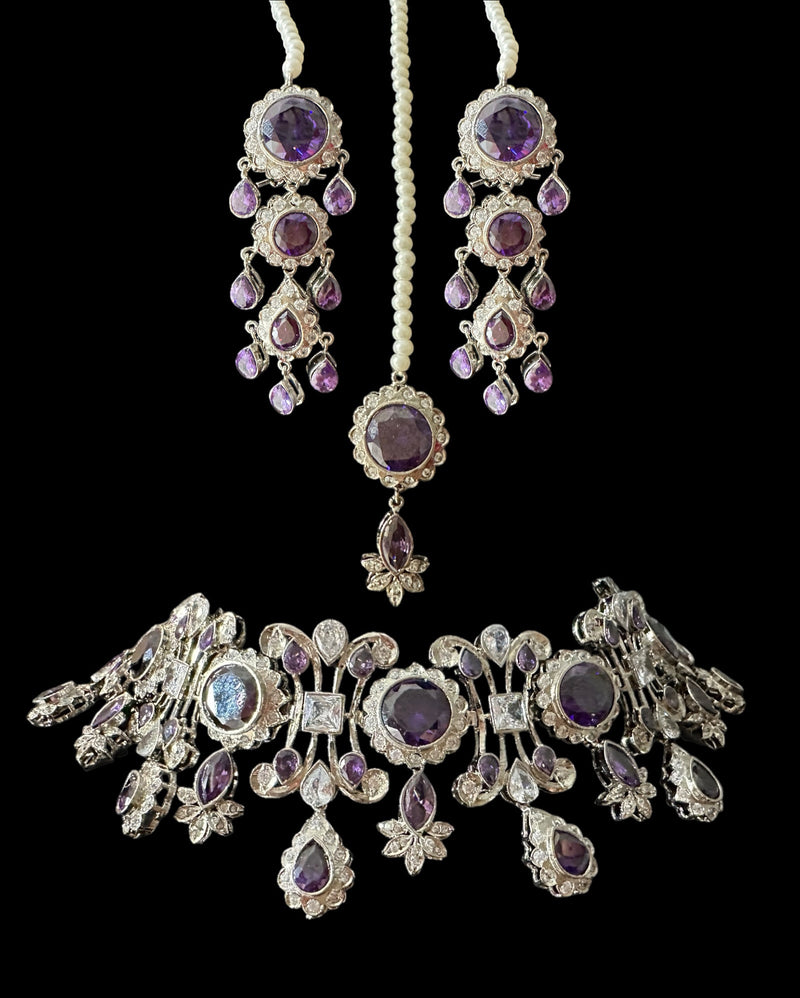 BR321  High quality cz  necklace set with tika - purple ( READY TO SHIP )